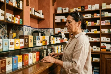 Femme achetant des cartouches de cigarettes dans un bureau de tabac espagnol traditionnel pendant ses vacances