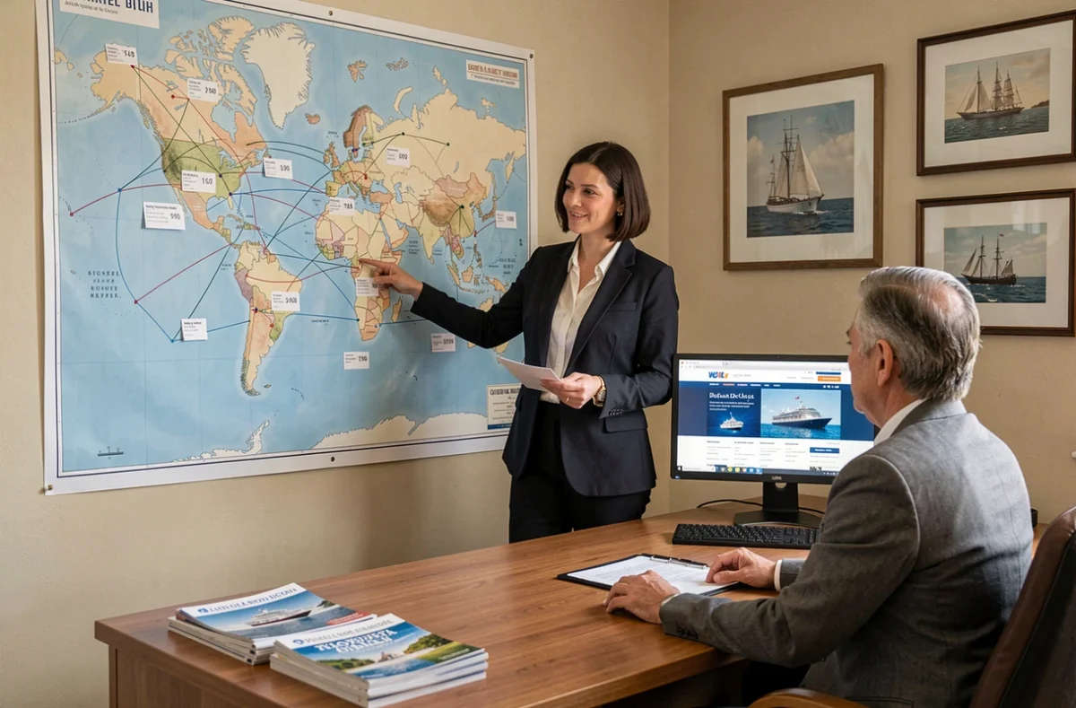 Agente de voyage présentant les routes et prix de croisières à un client dans une agence de tourisme