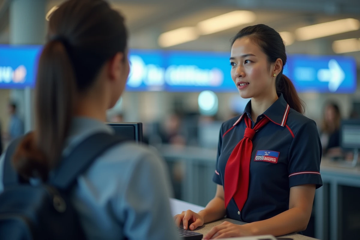 Agent d'enregistrement d'une compagnie aérienne aidant un passager à modifier les informations de son billet au comptoir de l'aéroport