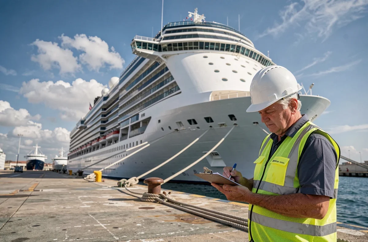 Agent portuaire inspectant les documents d'embarquement devant un grand paquebot de croisière à quai dans un port méditerranéen