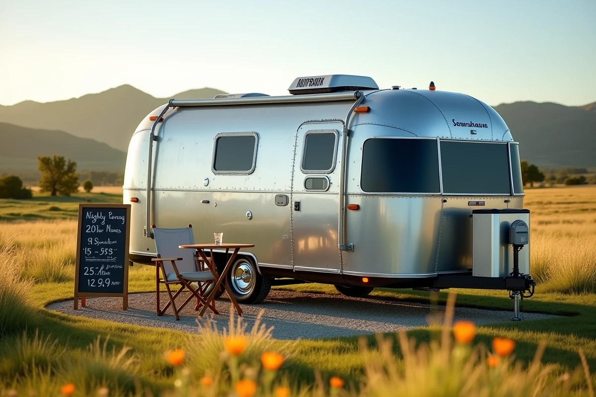 Caravane Airstream vintage aménagée en hébergement insolite à louer en pleine campagne, avec espace extérieur convivial et vue sur les collines