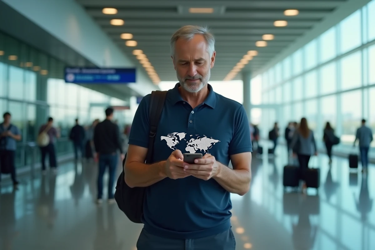 Homme utilisant une application de suivi de vol en temps réel dans un aéroport international