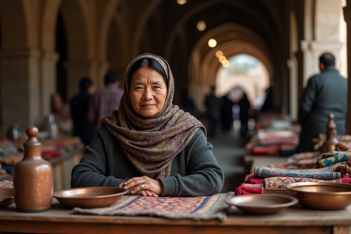 Portrait d'une artisane souriante derrière son étal de cuivres et textiles brodés dans un grand bazar couvert