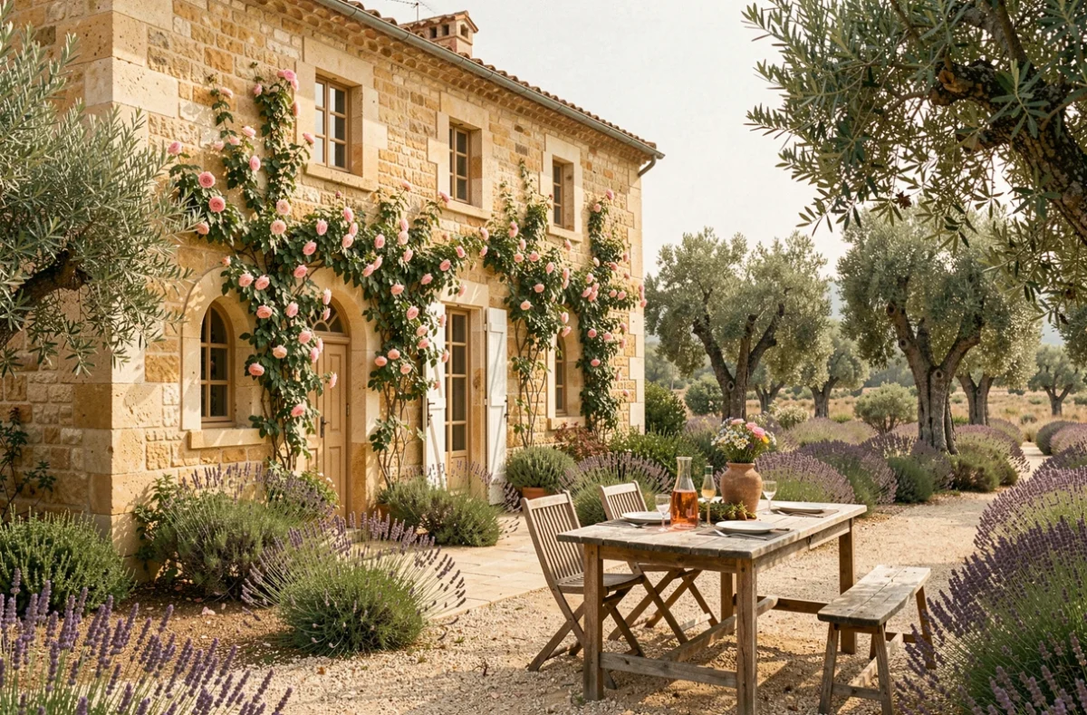 Terrasse romantique ombragée de La Bégude Saint-Pierre avec table dressée pour deux parmi les oliviers et la lavande