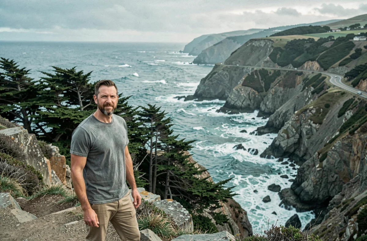 Homme au bord des falaises de Big Sur sur la Highway 1 lors d'un roadtrip Los Angeles San Francisco