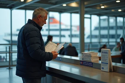 Homme comparant les tarifs de billets de ferry pour la Corse dans un terminal maritime