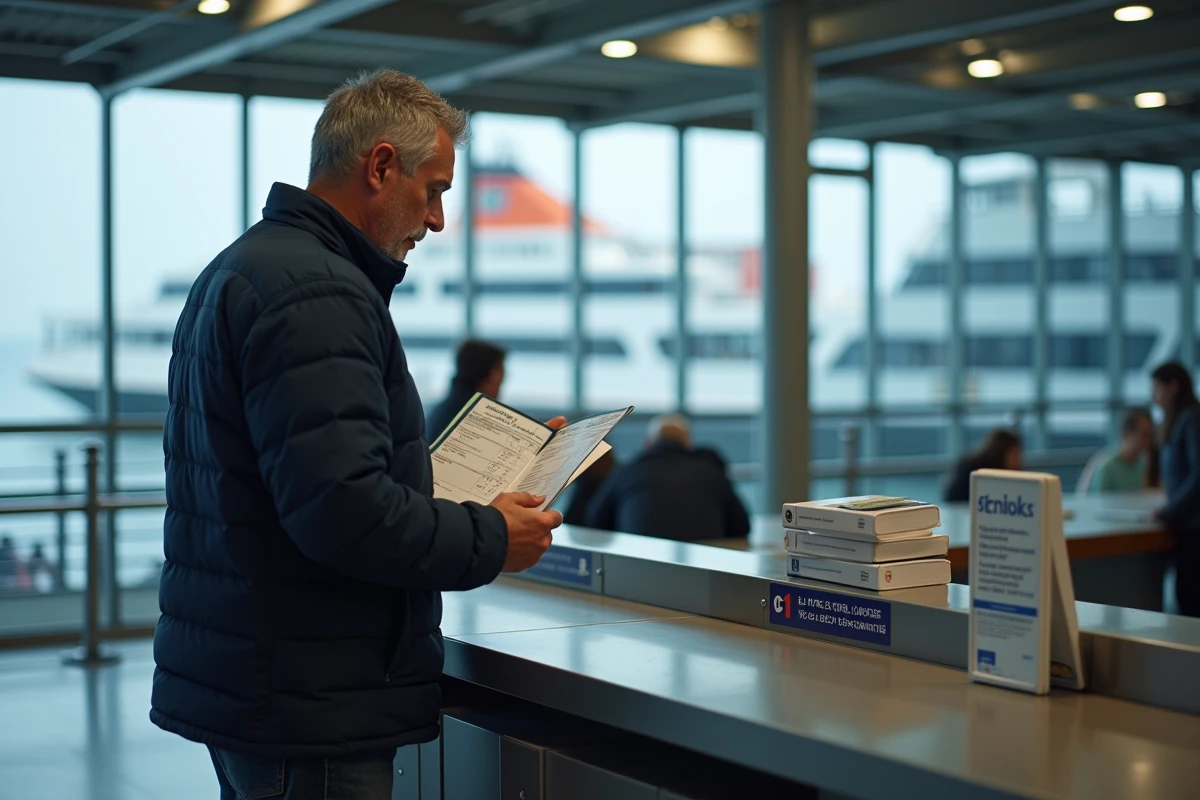 Homme comparant les tarifs de billets de ferry pour la Corse dans un terminal maritime