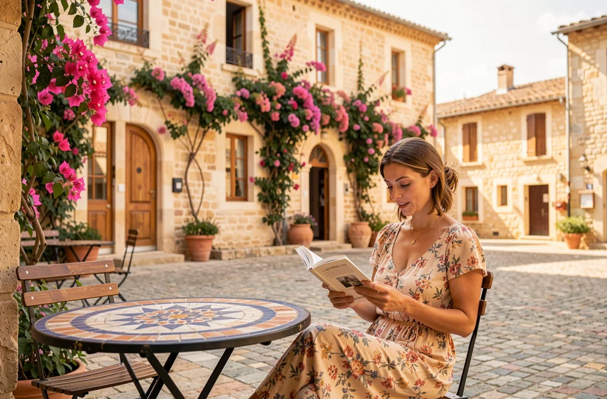 Terrasse fleurie du Boutique Hôtel Entraigues à Uzès avec une femme lisant dans l'ombre du bougainvillier