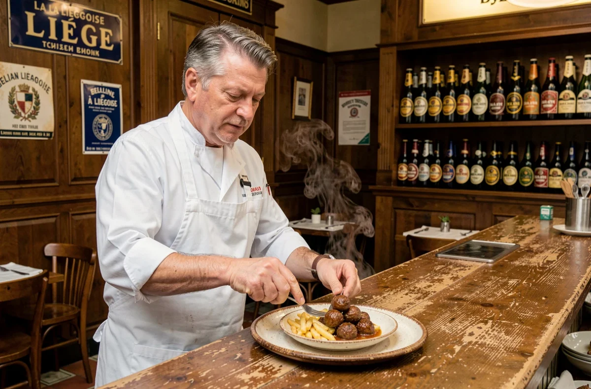 Chef belge en brasserie traditionnelle à Liège dressant une assiette de boulets à la liégeoise avec frites, ambiance bistrot authentique
