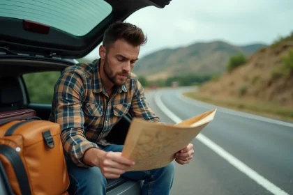 Homme consultant une carte routière sur le bord d'une route de campagne lors d'un road trip en voiture