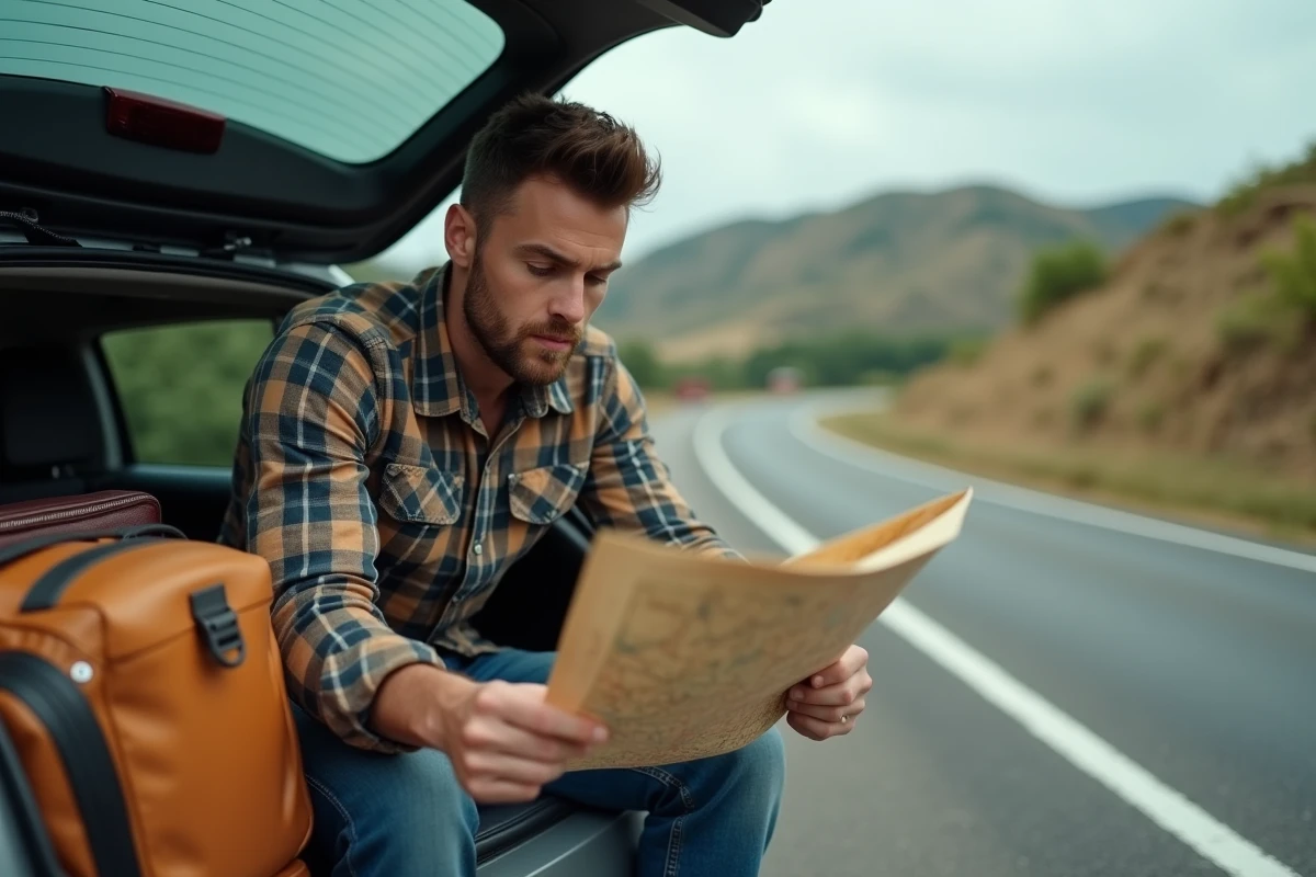 Homme consultant une carte routière sur le bord d'une route de campagne lors d'un road trip en voiture