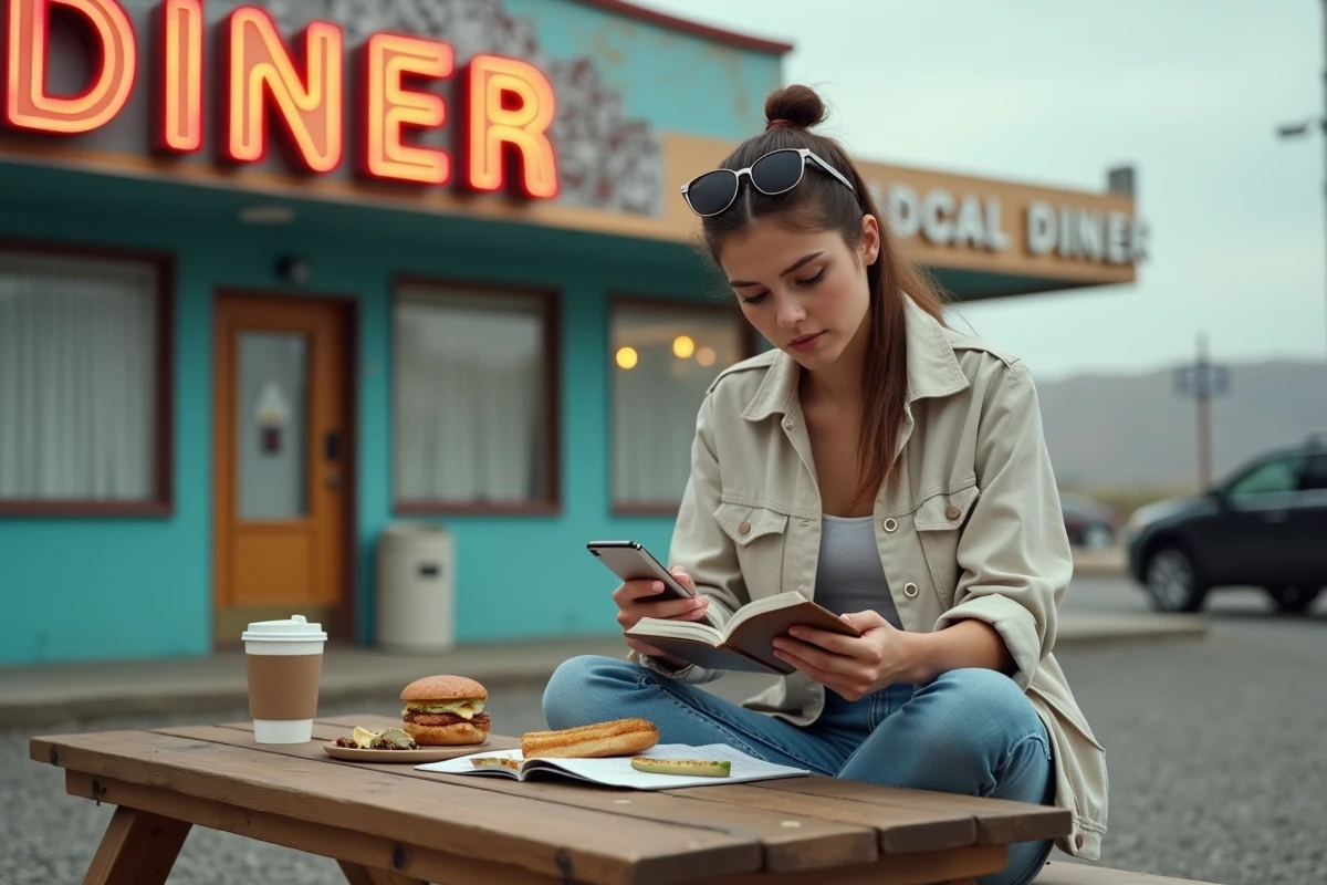 Jeune femme planifiant le budget de son road trip avec un carnet et un smartphone devant un diner américain