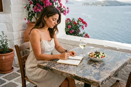 Femme consultant un carnet de budget dans une taverne grecque à Zakynthos avec vue sur la mer Ionienne
