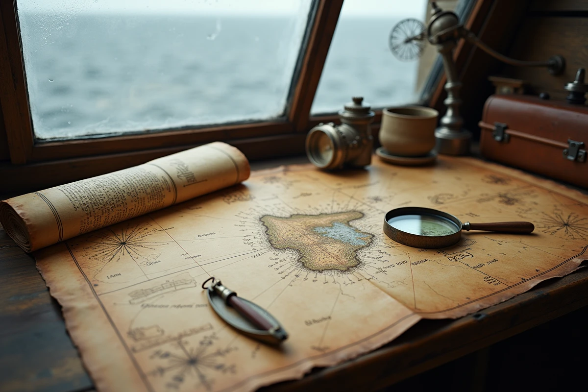 Bureau de cartographe avec cartes nautiques anciennes et boussole vintage montrant l'emplacement d'une île mystérieuse et interdite