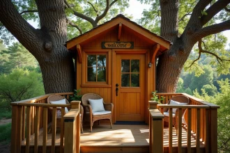 Cabane dans les arbres insolite proposée en location touristique, entourée de chênes centenaires avec terrasse en bois et décoration naturelle