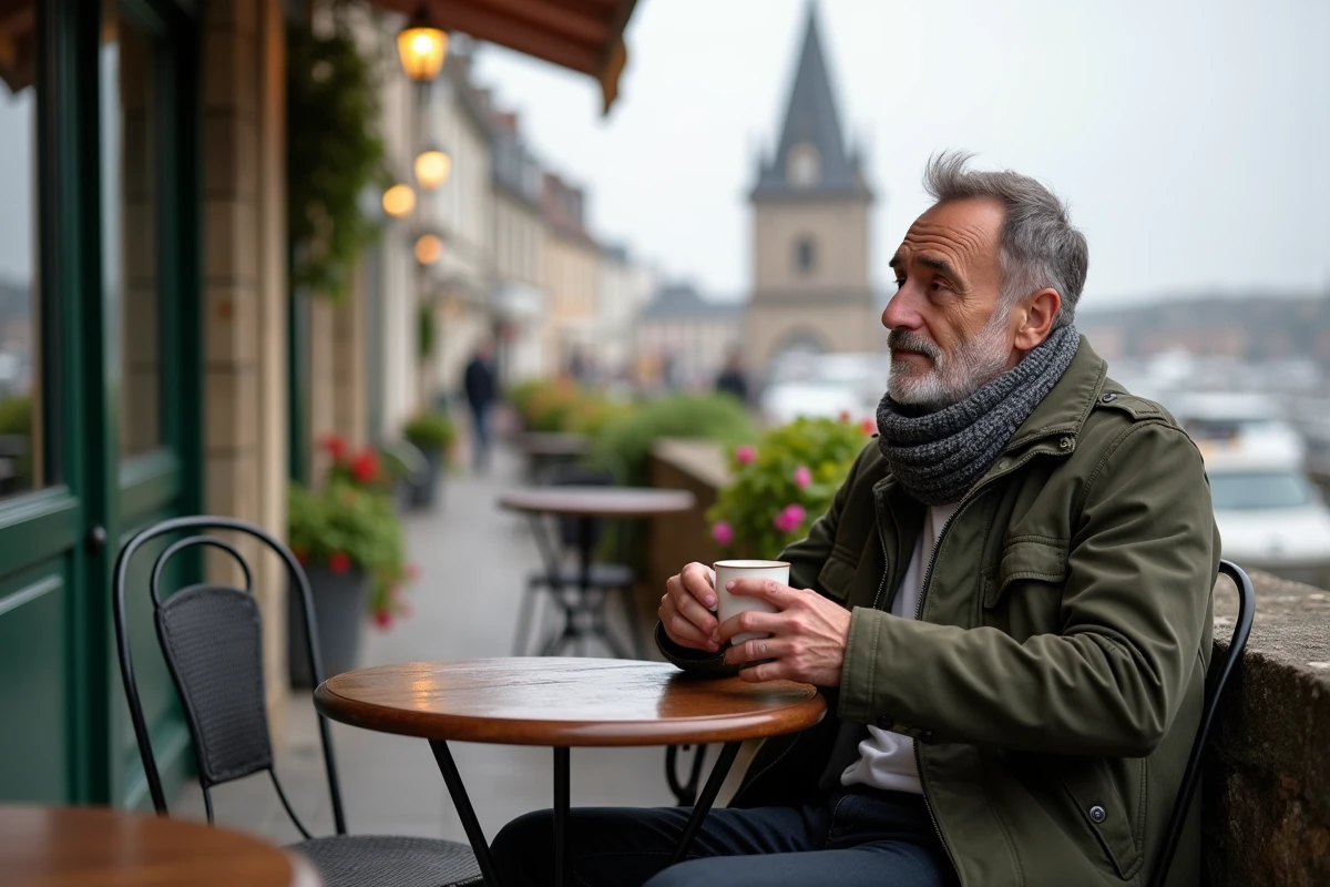 Homme savourant un café en terrasse à Honfleur avec vue sur le clocher de l'église Sainte-Catherine