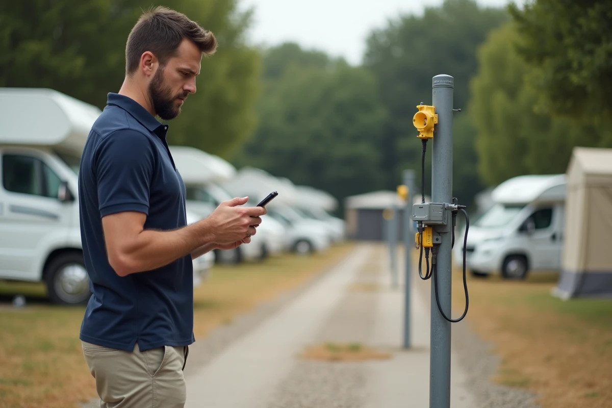Campeur photographiant un équipement défectueux pour étayer une plainte au camping