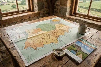 Carte administrative de Normandie dépliée sur une table en bois avec une boussole et une brochure touristique dans un intérieur de ferme normande