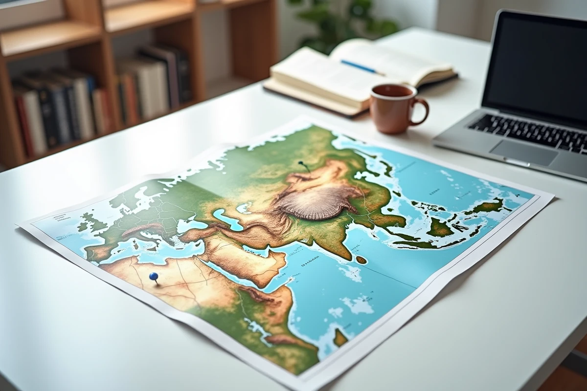 Vue aérienne d'une carte dépliée de l'Asie avec Dubai marqué d'une épingle sur un bureau d'étude avec un carnet de notes géographiques et un ordinateur portable
