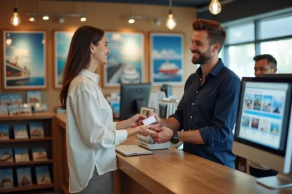 Femme remettant une carte cadeau voyage Selectour à un conseiller dans une agence de voyages moderne