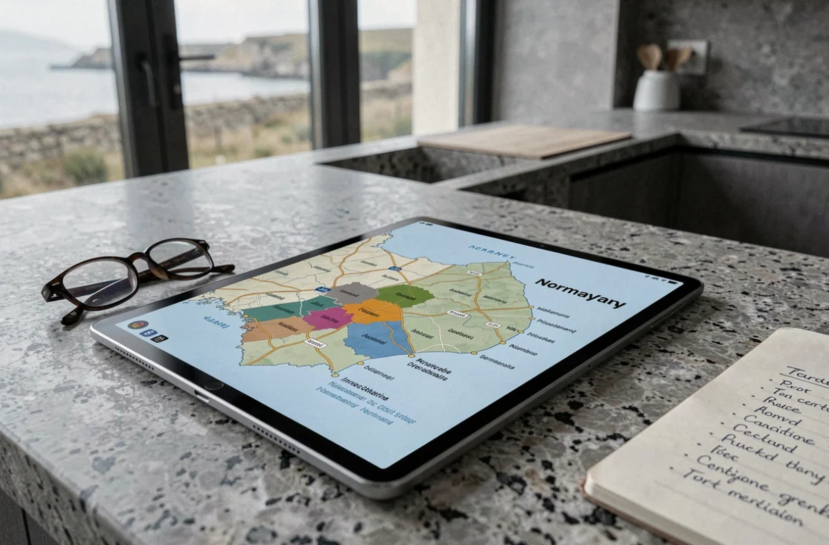 Tablette affichant une carte numérique des départements de Normandie posée sur un comptoir en granit avec un carnet de notes touristiques