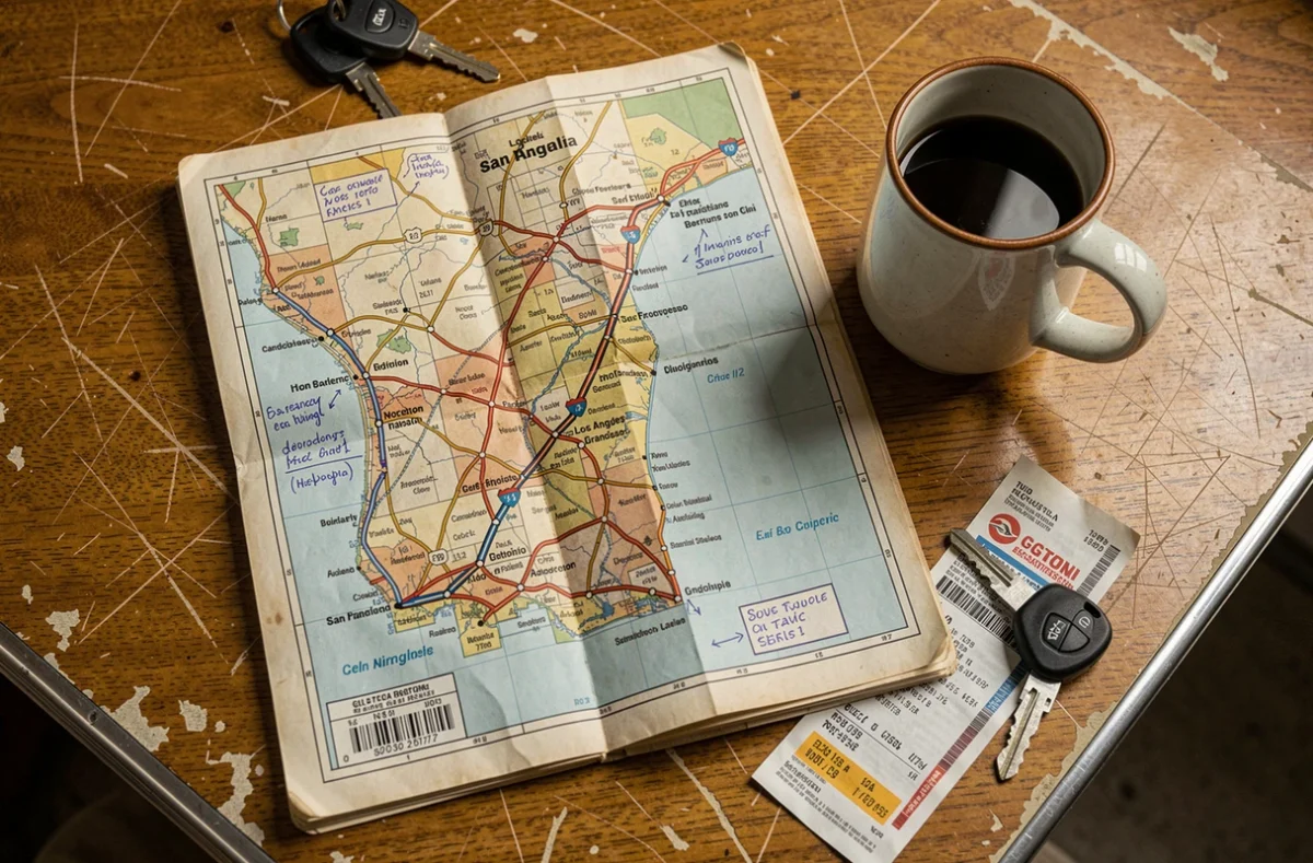 Carte routière de la Californie ouverte sur une table de diner avec itinéraire Los Angeles San Francisco
