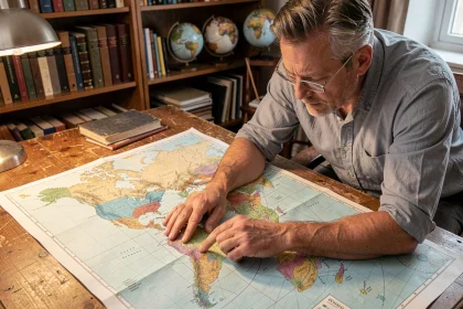Cartographe étudiant une grande carte des fuseaux horaires du monde étalée sur un bureau en bois