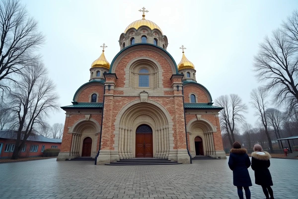 Cathédrale orthodoxe de style Rous de Kiev avec dômes dorés et façade en pierre ancienne sous un ciel nuageux hivernal