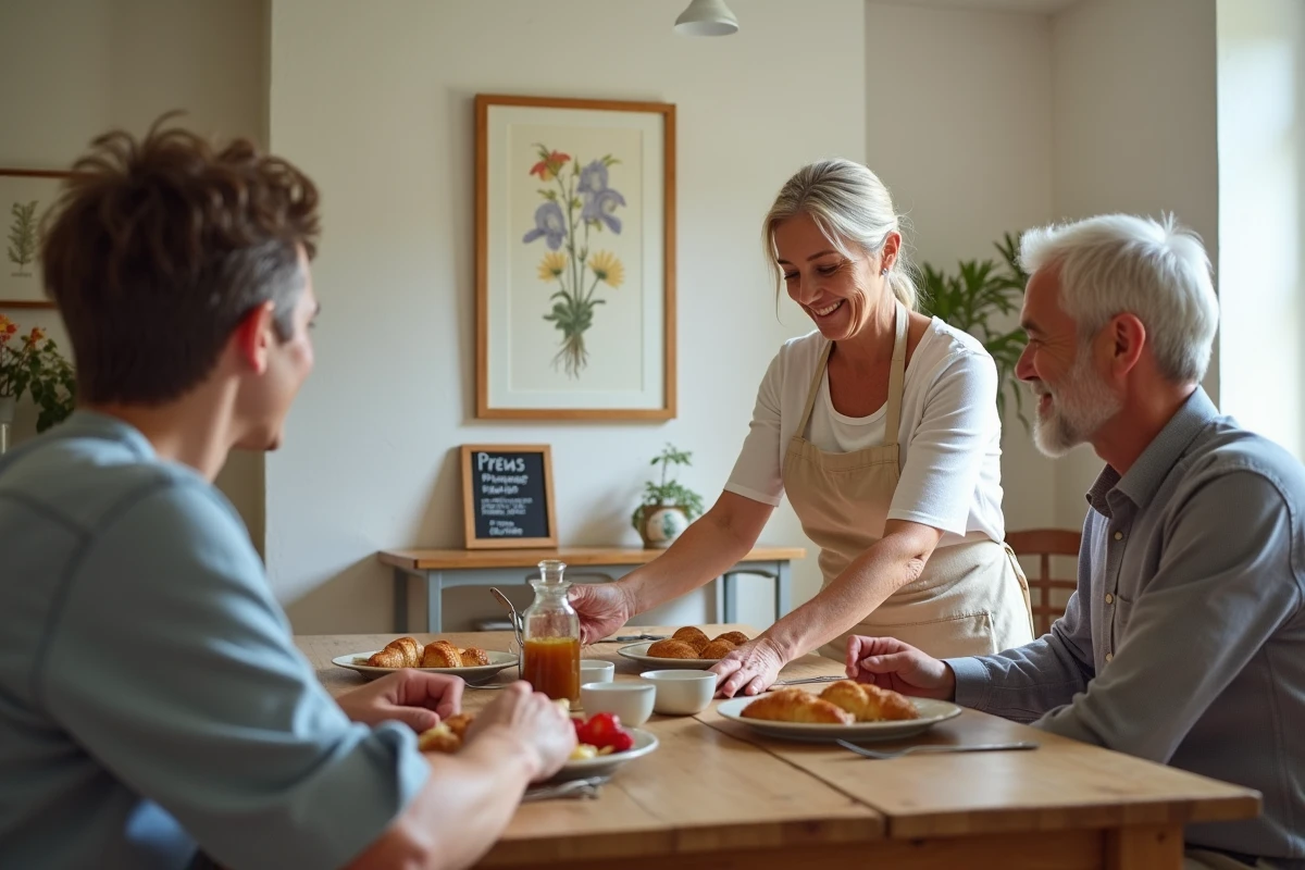 Hôtesse d'une chambre d'hôtes servant le petit-déjeuner à ses clients dans une salle à manger rustique française