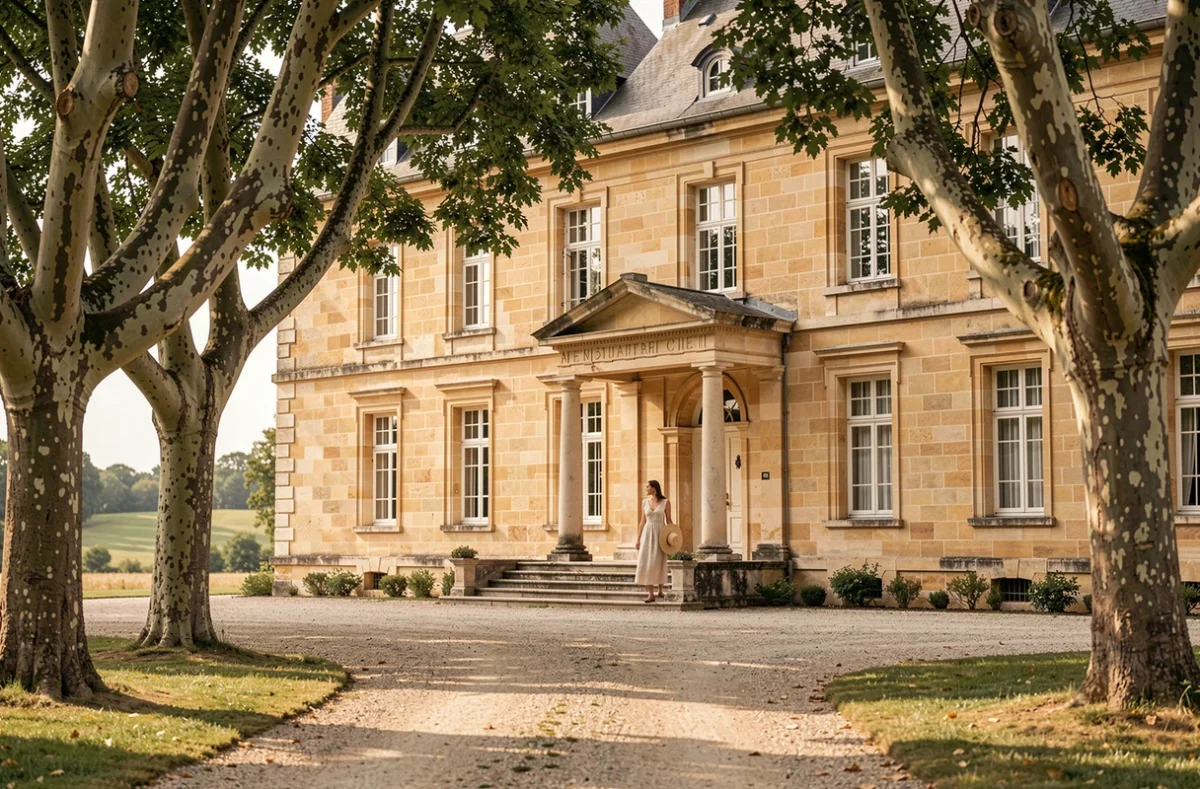 Façade en pierre du Château d'Arpaillargues entourée de platanes avec une femme sur les marches de l'entrée