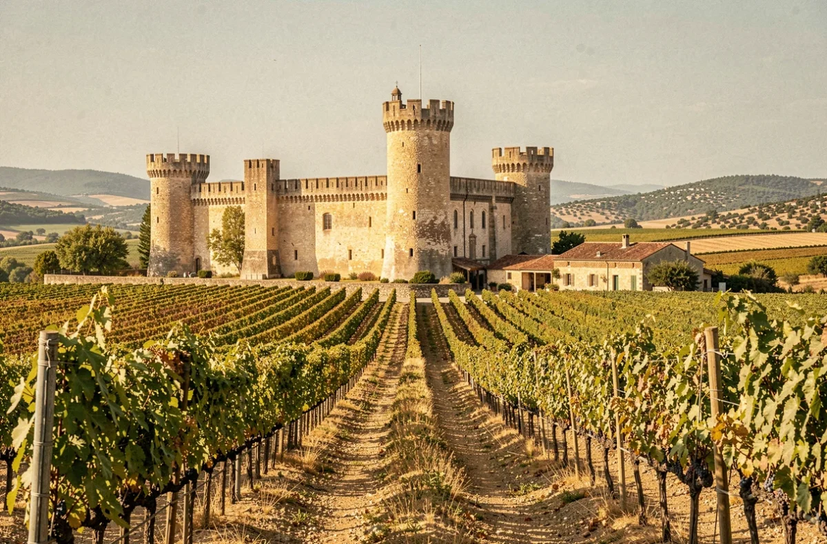 Le Château Capitoul et ses vignobles dorés dans le paysage languedocien près de Narbonne