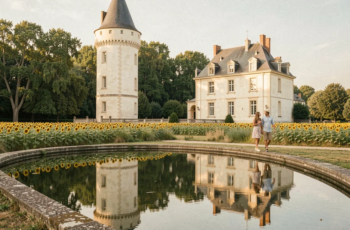 Château de Drudas avec reflet dans le bassin ornemental, entouré de tournesols et de chênes en Haute-Garonne