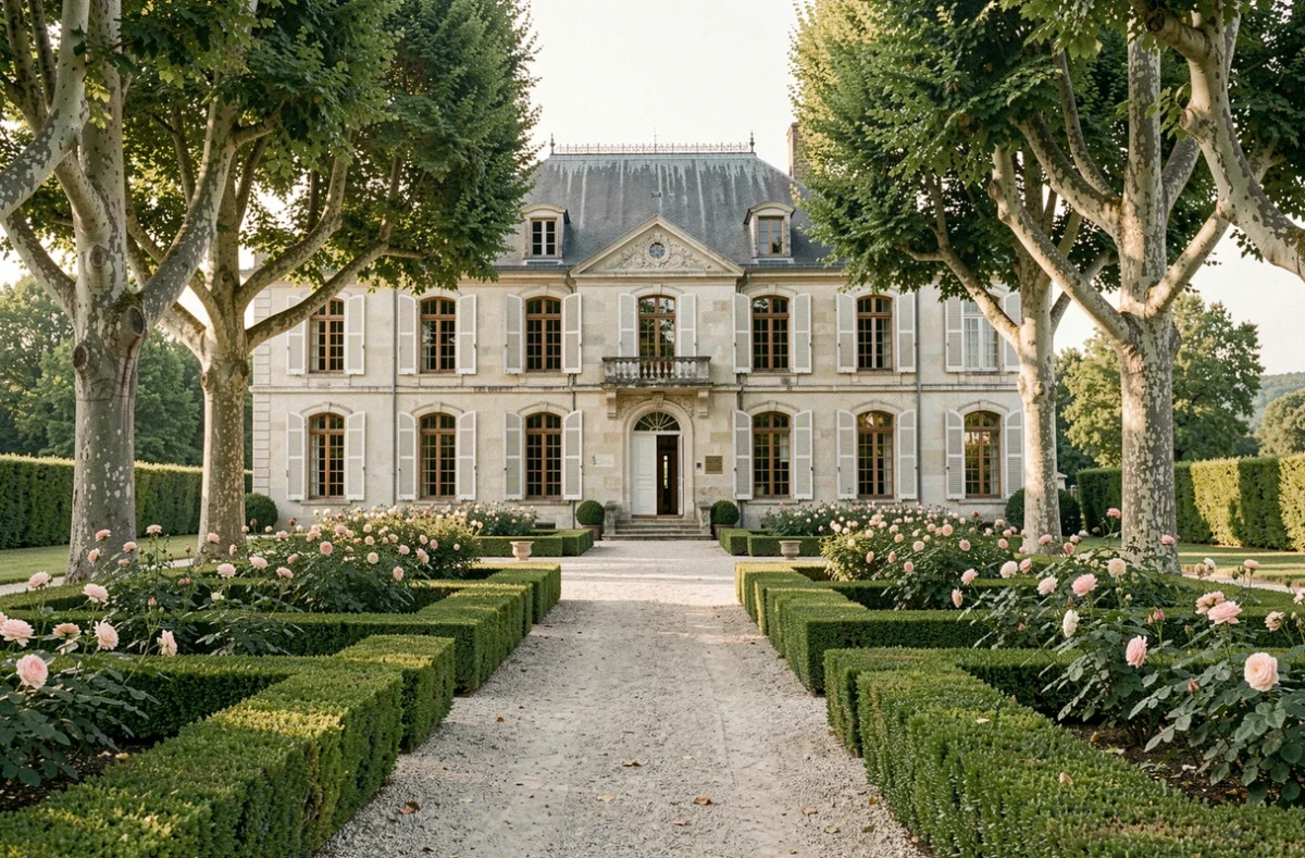 Façade élégante du Château de Fiac entourée d'un jardin à la française avec haies et rosiers