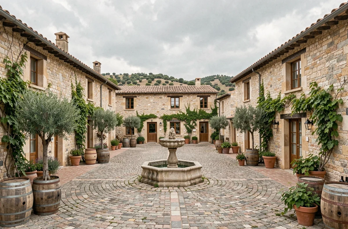 Hameau viticole restauré de Château & Village Castigno avec sa place centrale pavée, fontaine en pierre et barriques décoratives à Assignan