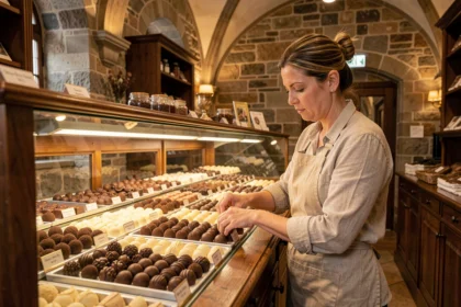 Chocolaterie artisanale belge à Bruges avec présentoir de pralines et truffes faites main, shopkeeper en tablier de lin