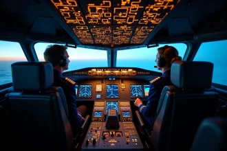 Cockpit d'un avion long-courrier avec deux pilotes aux commandes pendant un vol de longue durée