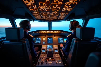 Cockpit d'un avion long-courrier avec deux pilotes aux commandes pendant un vol de longue durée