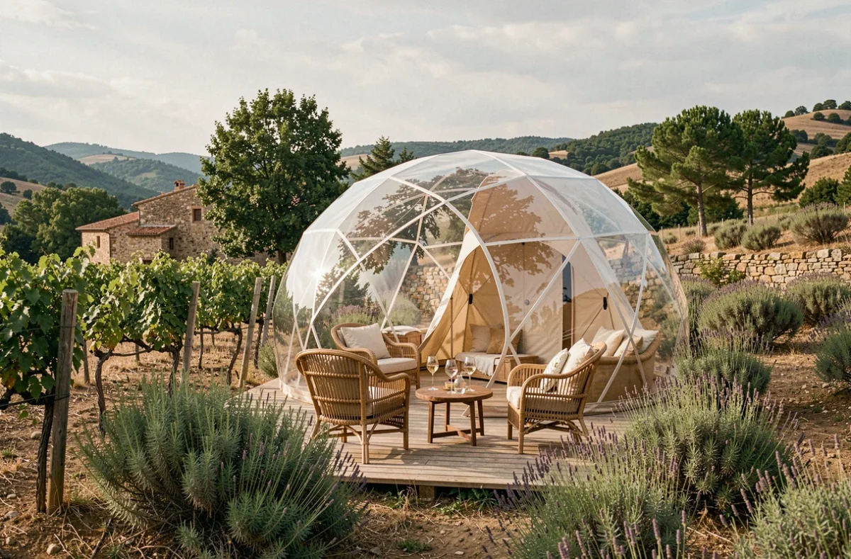 Tente bulle romantique entourée de vignes et de garrigue près de Cahuzac-sur-Vère au Cœur de Bull'