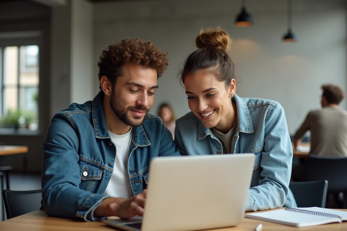 Deux collègues analysant ensemble les fonctionnalités gratuites d'un site web dans un espace de coworking