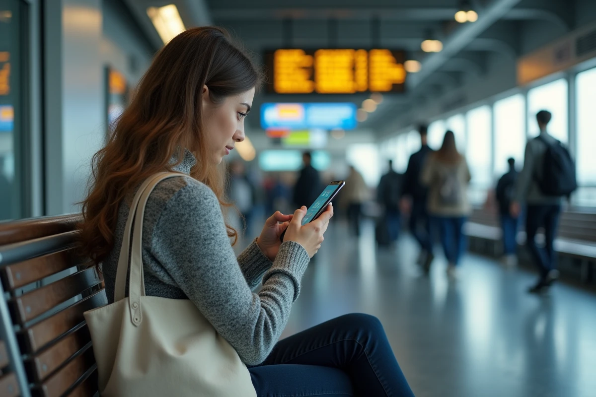 Jeune femme comparant plusieurs applications alternatives à BlaBlaCar dans une gare routière
