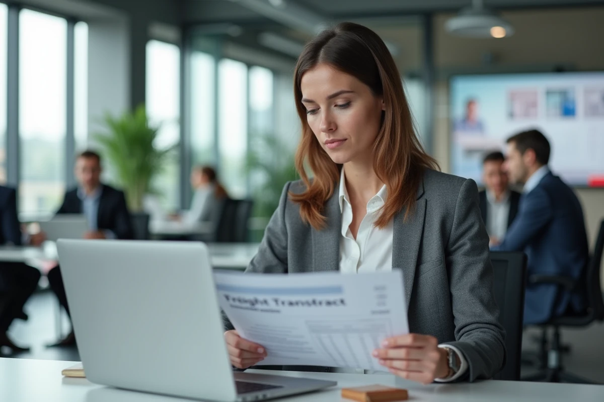 Femme d'affaires en bureau moderne examinant un contrat de conditions de transport sur son bureau avec ordinateur portable