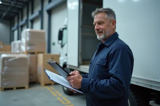 Coordinateur logistique en uniforme vérifiant les documents de transport devant un camion de livraison dans un entrepôt commercial