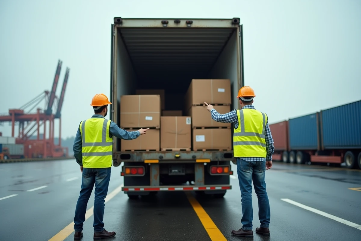 Deux manutentionnaires en gilets haute visibilité inspectant le chargement d'un camion semi-remorque dans un terminal portuaire industriel