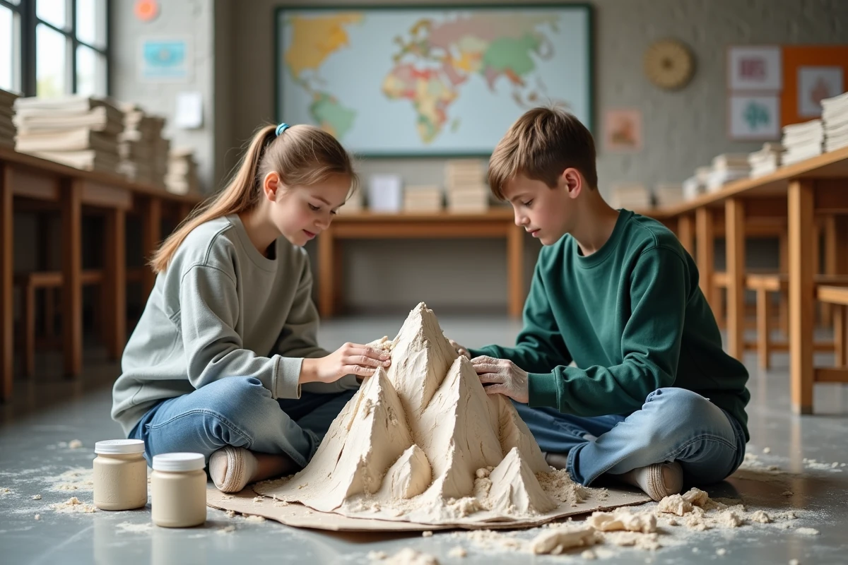 Deux adolescents construisant une montagne en papier mâché sur le sol d'une salle de classe