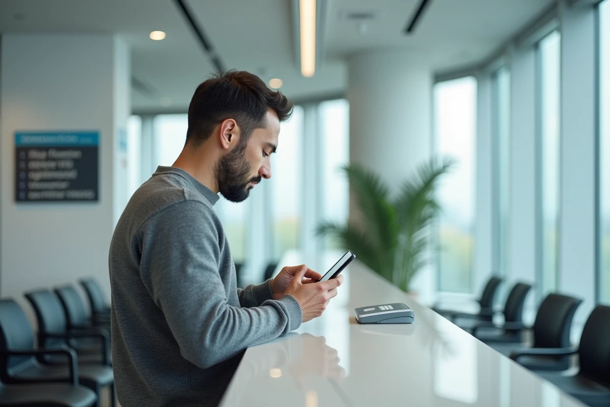 Homme consultant une application mobile pour trouver un rendez-vous visa disponible dans une salle d'attente de consulat