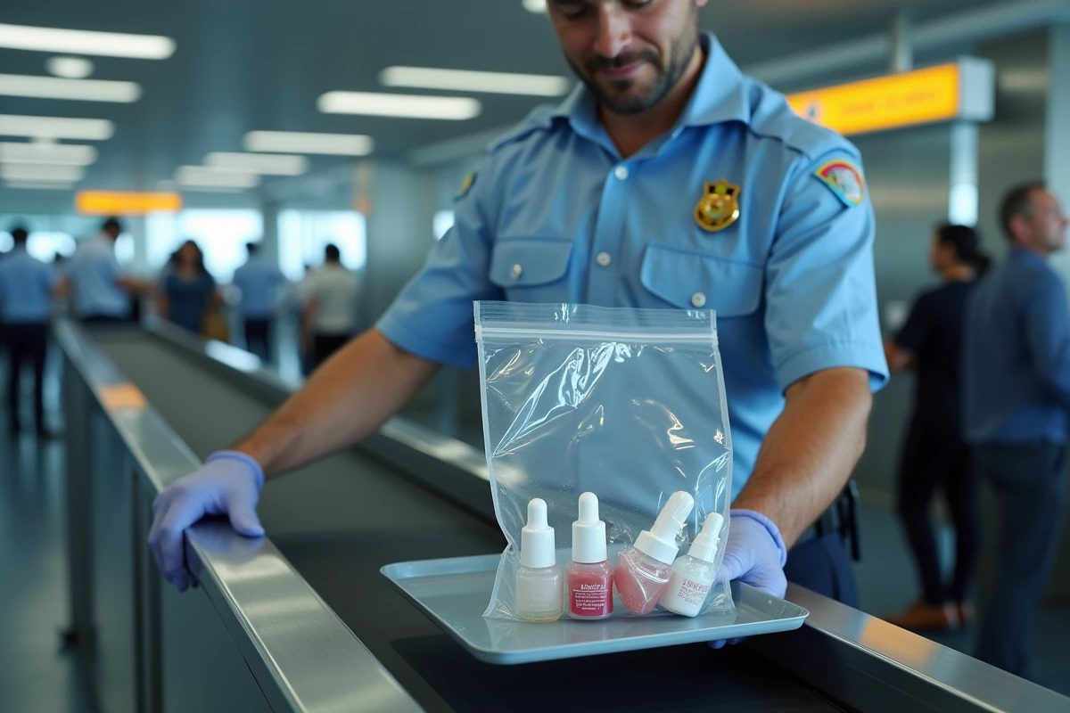 Agent de sécurité aéroportuaire contrôlant un sac de liquides transparent contenant des flacons de voyage réglementaires