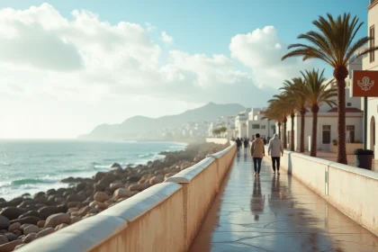 Promenade en bord de mer Atlantique au Maroc en février avec des habitants en veste légère