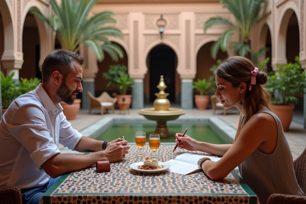 Couple consultant un menu et un budget dans un restaurant riad traditionnel de Marrakech