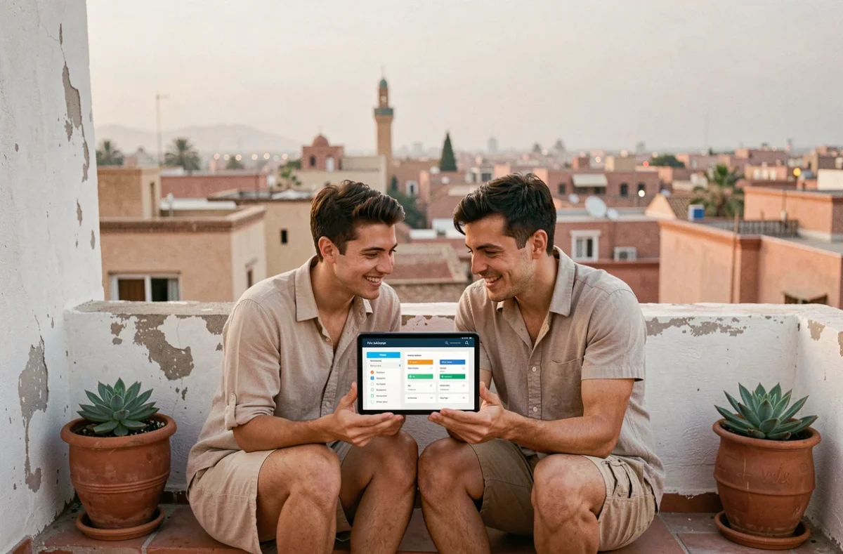 Couple comparant les forfaits mobiles pour le Maroc sur tablette depuis une terrasse avec vue sur la ville