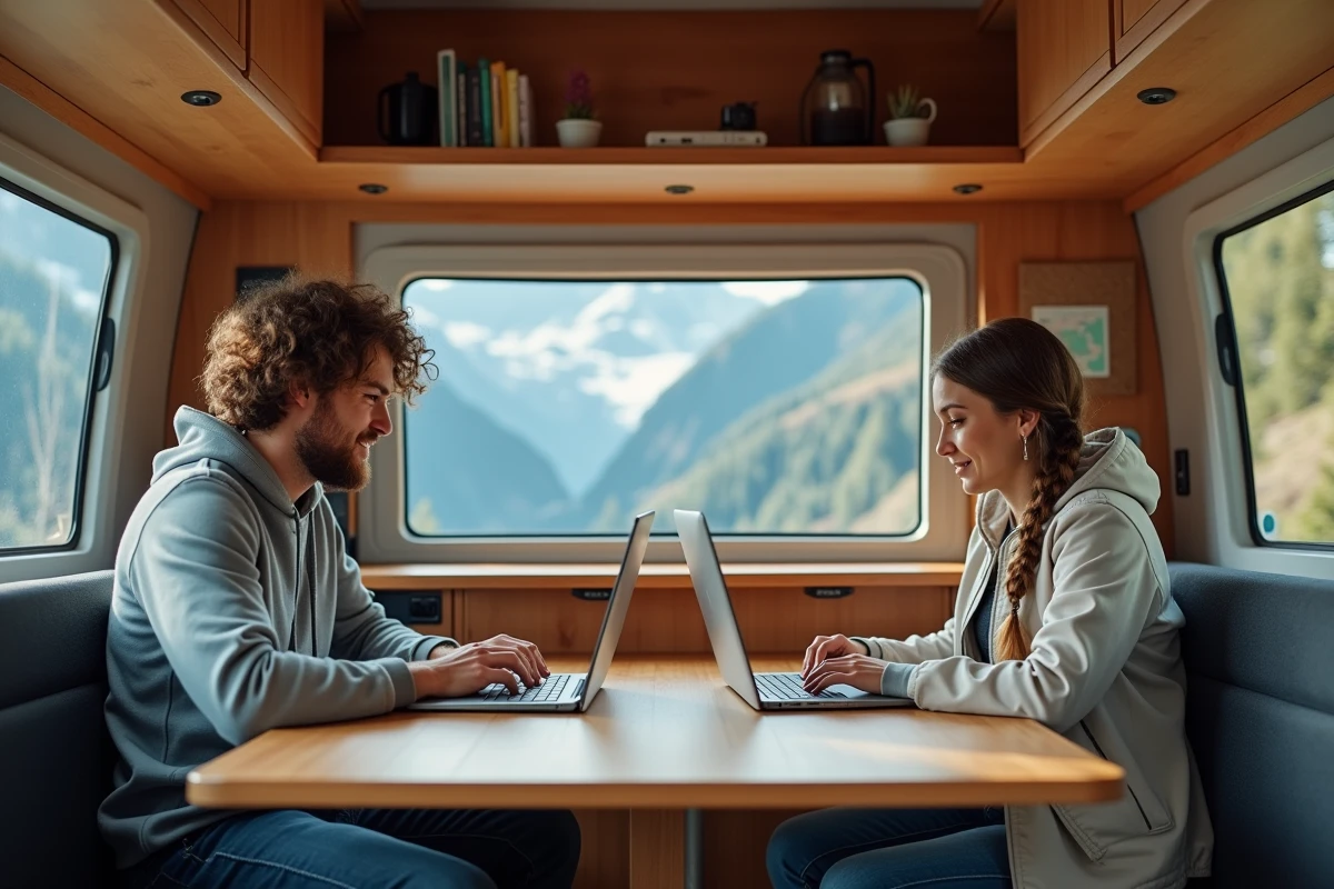 Couple de nomades numériques travaillant dans un van aménagé avec vue sur un paysage de montagne